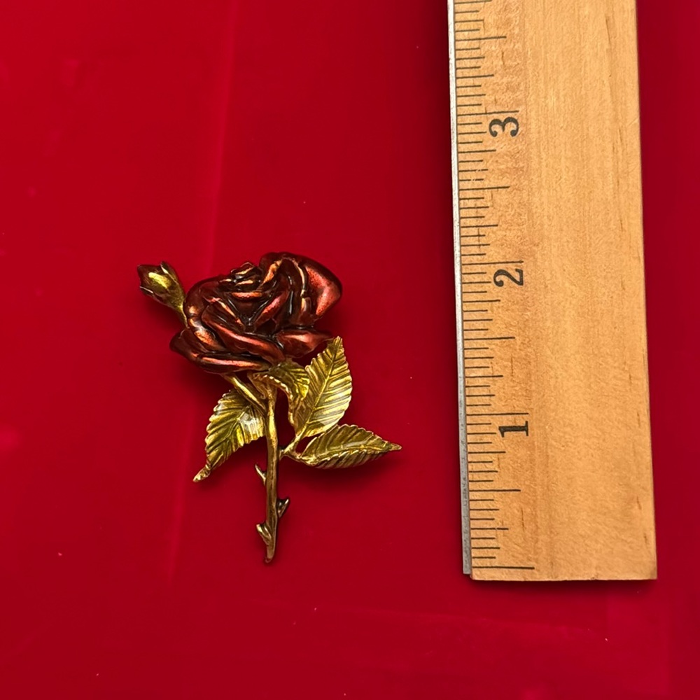 Vintage Brooch Gold Tone Red Enamel Rose Flower Evening Cocktail 2" Pin